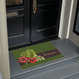 Beach Island Summer Tropical Hibiscus Flowers Leaf Doormat