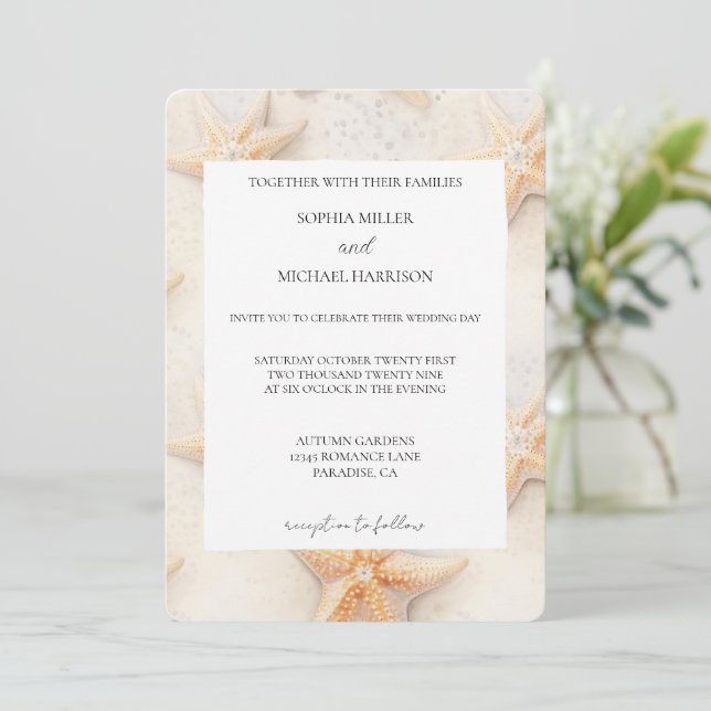 Beach Ivory Cream Ocean Starfish Wedding Invitation (Standing Front)