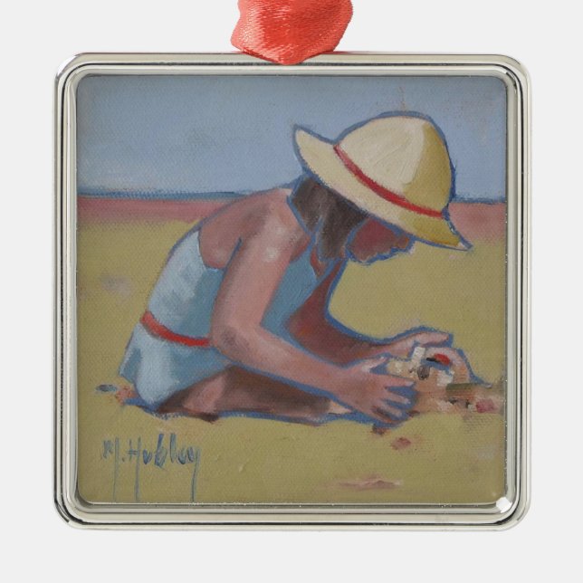 Beach Kid Cute little girl playing in sand Metal Ornament (Front)