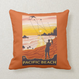 Beach & Kites - Pacific Beach, Washington Throw Pillow