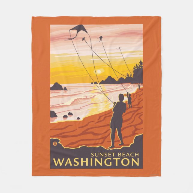 Beach & Kites - Sunset Beach, Washington Fleece Blanket (Front)