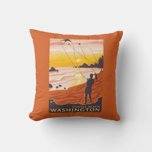 Beach & Kites - Sunset Beach, Washington Throw Pillow (Front)