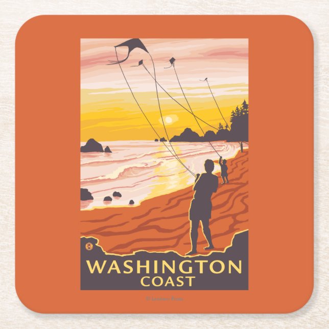 Beach & Kites - Washington Coast Square Paper Coaster (Front)