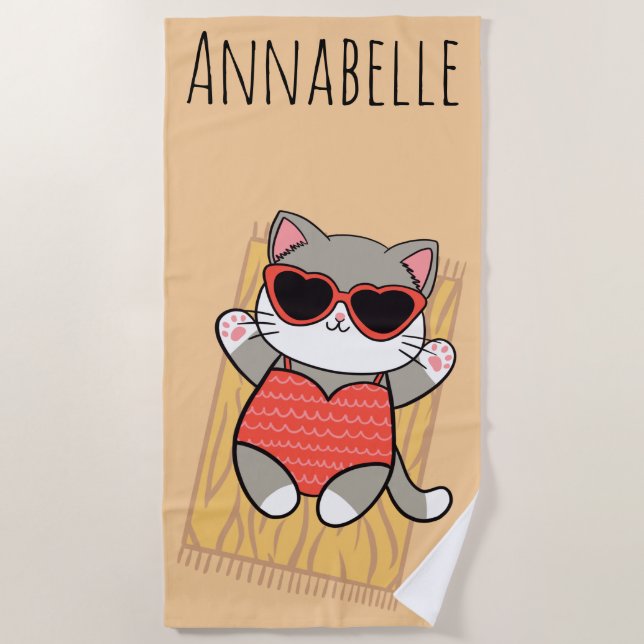 Beach Kitty Red Personalize Beach Towel (Front)