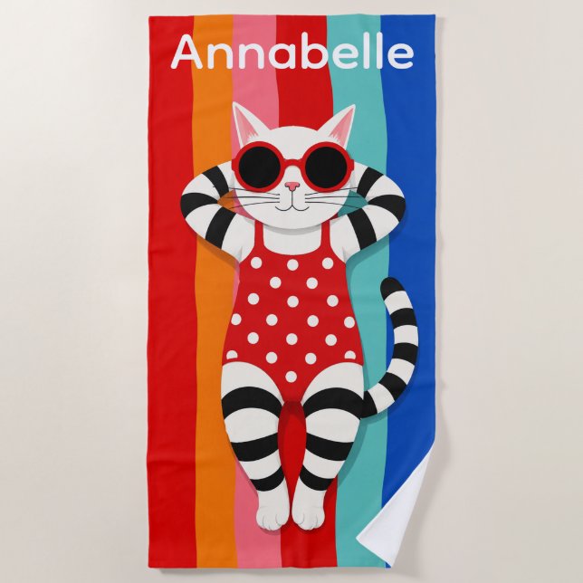 Beach Kitty Stripes Personalize Beach Towel (Front)