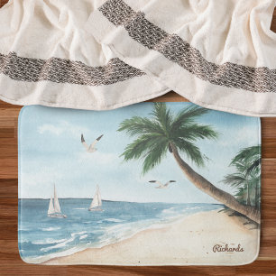 Beach Landscape with Sailboats Watercolor Bathroom Bath Mat