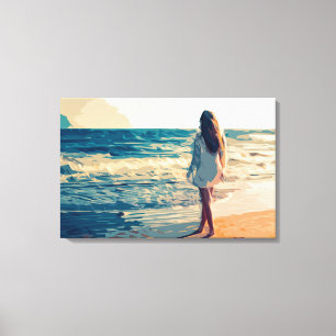 BEACH LANDSCAPE WOMAN STRETCHED CANVAS ART PRINT