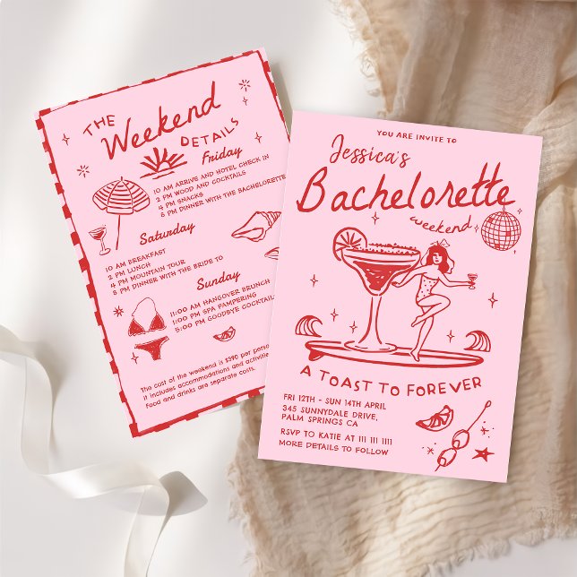 Beach Last Toast Funky Red Bachelorette Weekend Invitation (Creator Uploaded)