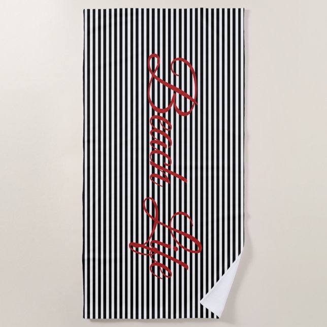 Beach Life Black White Red Striped Pattern Towel (Front)