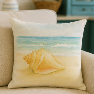 Beach Life Conch Shell Watercolor Outdoor Pillow