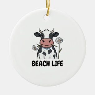 Beach Life Cow Vintage Engraving T-Shirt Design_1 Ceramic Ornament