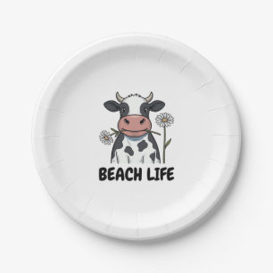 Beach Life Cow Vintage Engraving T-Shirt Design_1 Paper Plate