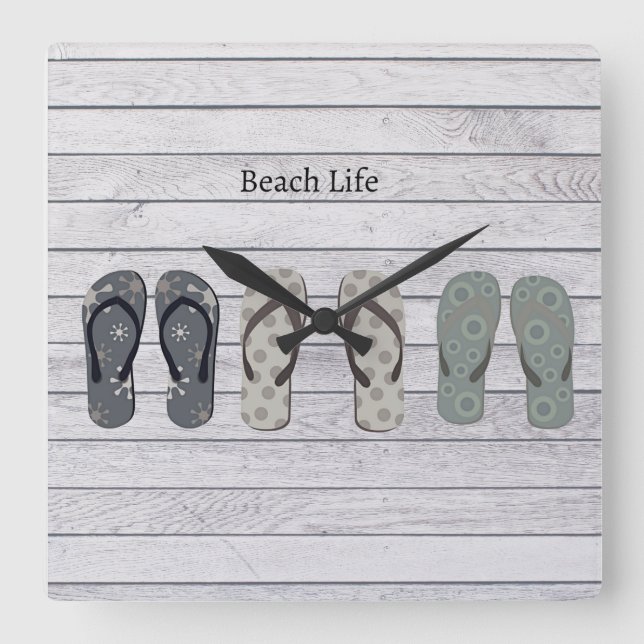 Beach Life, flip flops on boardwalk     Square Wall Clock (Front)