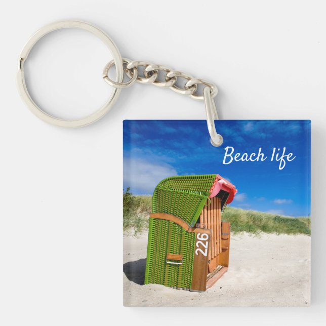 Beach life Green Beach chair photo with text Keychain (Front)