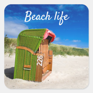 Beach life Green Beach chair photo with text Square Sticker