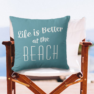 Beach Life is Better Cute Coastal Nautical Green Outdoor Pillow