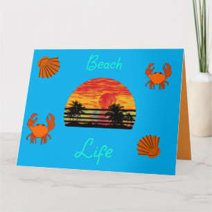 Beach life Ocean palm trees sun sea shells crabs Card