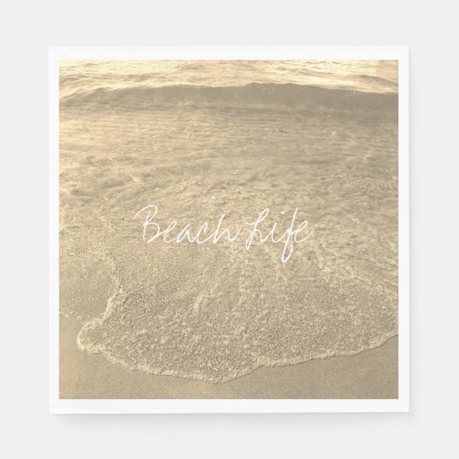 Beach Life Quotes Clear Ocean Water Gold Sepia Art Napkin (Front)
