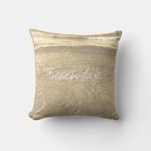 Beach Life Quotes Clear Ocean Water Golden Sparkly Outdoor Pillow (Front)