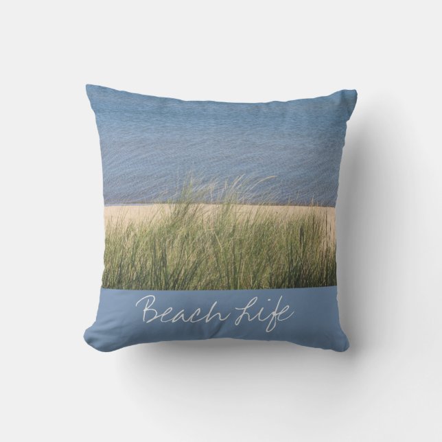 Beach Life Quotes Ocean Shore Blue White Scenic Outdoor Pillow (Front)