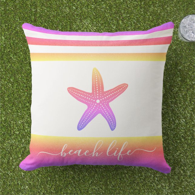 Beach life script purple yellow ombre starfish outdoor pillow (Grass)