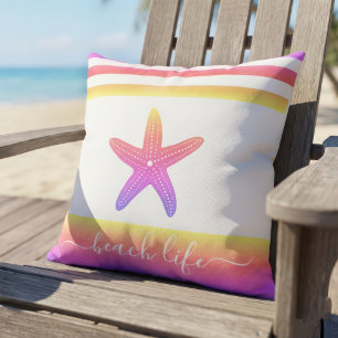 Beach life script purple yellow ombre starfish outdoor pillow