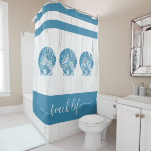 Beach life script teal seashell white rustic wood 