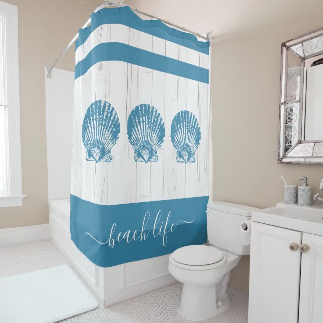 Beach life script teal seashell white rustic wood  (In Situ)