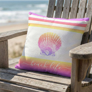 Beach life script yellow pink ombre seashell bold outdoor pillow