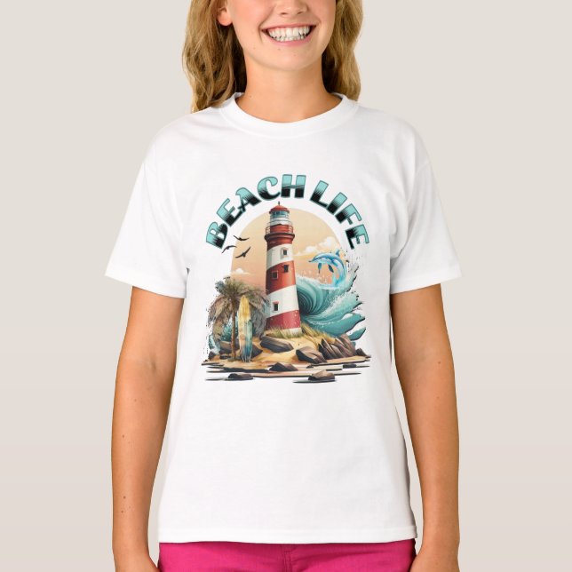 Beach Life | Tropical Beach and Lighthouse  T-Shirt (Front)