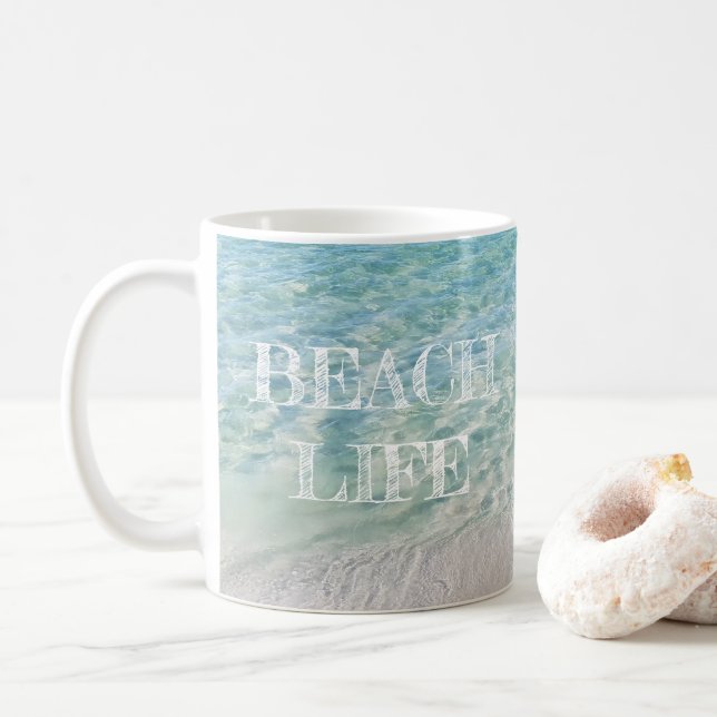 Beach Life Tropical Sandy Beach Turquoise Blue Coffee Mug (With Donut)