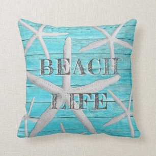 Beach Life Tropical Starfish Turquoise Wood Planks Throw Pillow