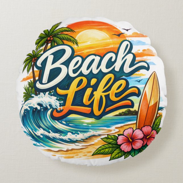 Beach Life – Tropical Sunset Surf Round Pillow (Front)