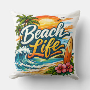 Beach Life – Tropical Sunset Surf Throw Pillow