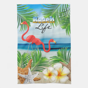 Beach Life with Pink Flamingos Kitchen Towel