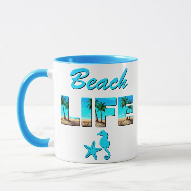 Beach Life Word Art with Sand and Palm Trees   Mug (Left)