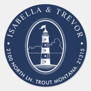 Beach Lighthouse   Nautical Themed Return Address Classic Round Sticker
