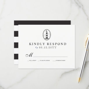 Beach Lighthouse   Nautical Wedding RSVP B/W Card