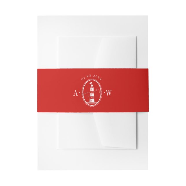 Beach Lighthouse Red Nautical Wedding Monogram Invitation Belly Band (Front Example)