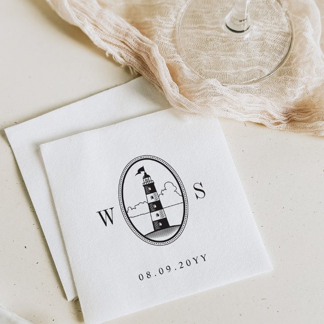 Beach Lighthouse | Soft Minimal Black Monogram Napkin (Creator Uploaded)