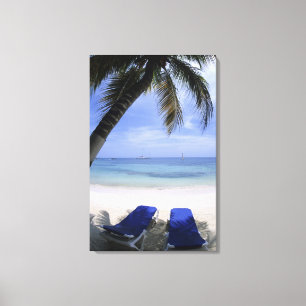 Beach, Lounge Chair, Palm tree, Horizon Over Canvas Print