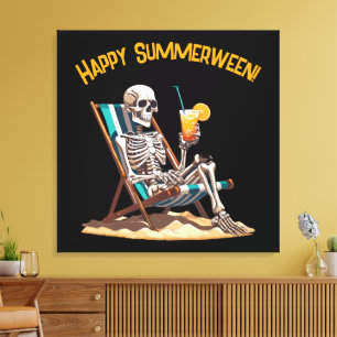 Beach Lounging Skeleton Halloween Canvas Print