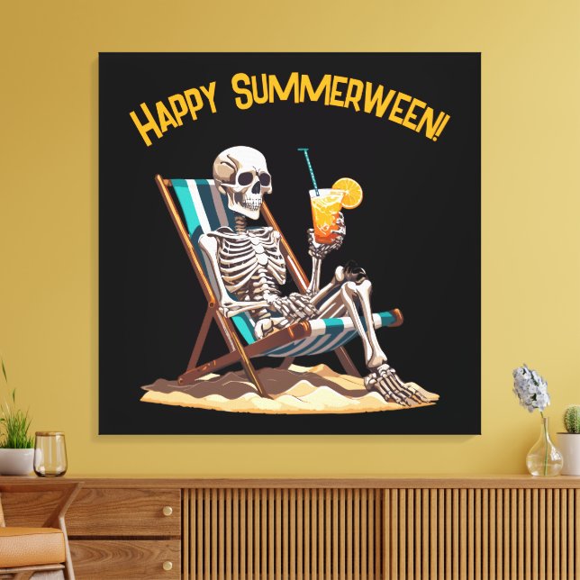 Beach Lounging Skeleton Halloween Canvas Print (Insitu(LivingRoom))