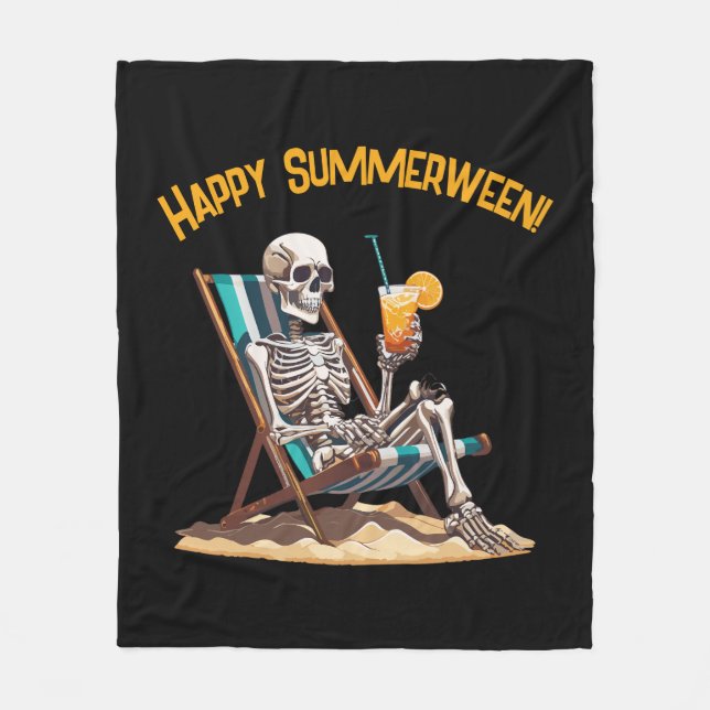 Beach Lounging Skeleton Halloween Fleece Blanket (Front)