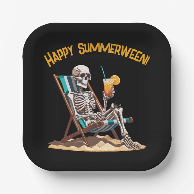 Beach Lounging Skeleton Halloween Paper Plate (Front)