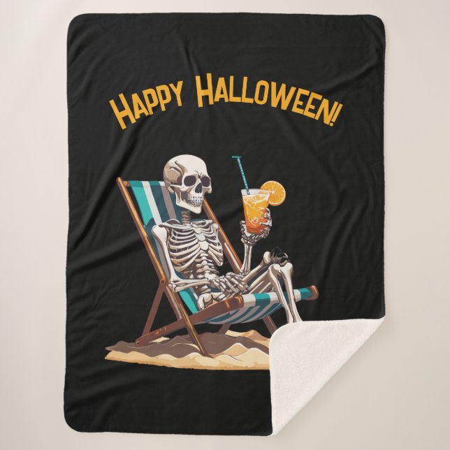 Beach Lounging Skeleton Halloween Sherpa Blanket (Front)