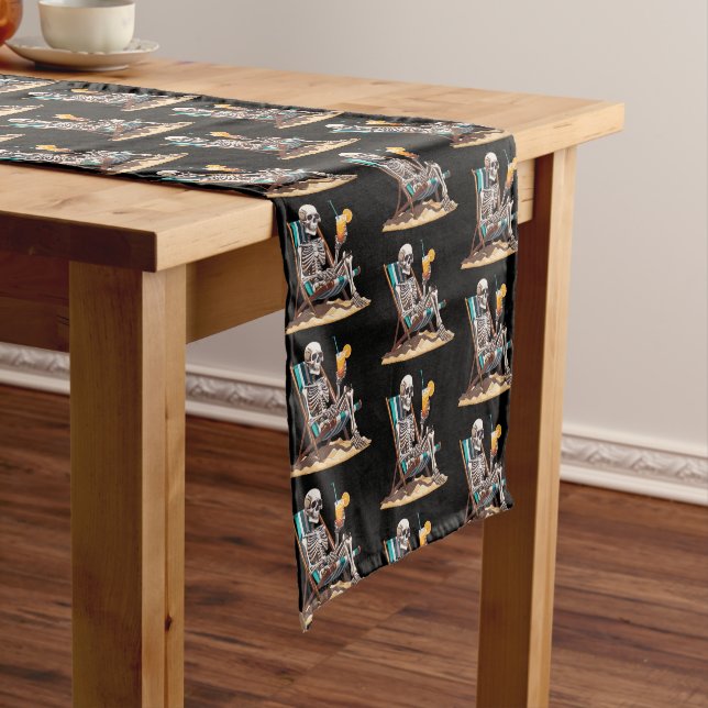 Beach Lounging Skeleton Halloween Short Table Runner (In Situ)