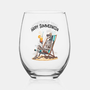 Beach Lounging Skeleton Halloween Stemless Wine Glass