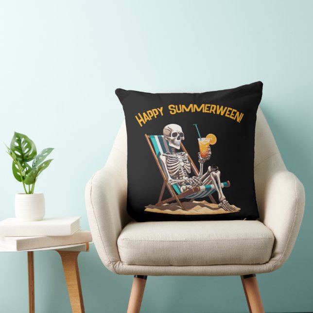 Beach Lounging Skeleton Halloween Throw Pillow (Chair)