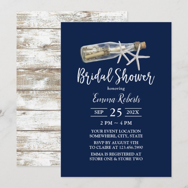 Beach Love Message Bottle Navy Blue Bridal Shower Invitation (Front/Back)